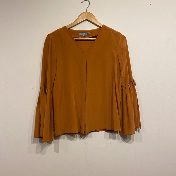 Antonio Melani Tan V-Neck Bell Sleeve Boho Chic Silk Blouse Size XS - Picture 1 of 4